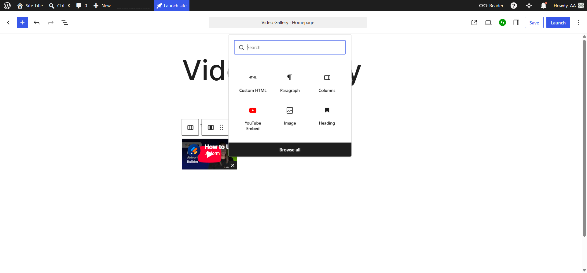 WordPress interface showing a YouTube video successfully embedded, and the user repeating the step to add a new YouTube Embed block