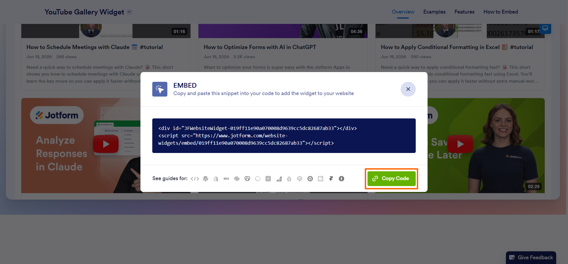 Jotform YouTube Gallery Widget interface showing the Embed popup screen and the Copy Code button