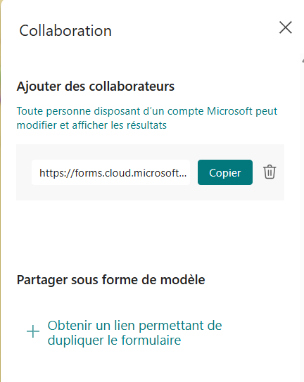Capture d'écran du volet Collaboration de Microsoft Forms