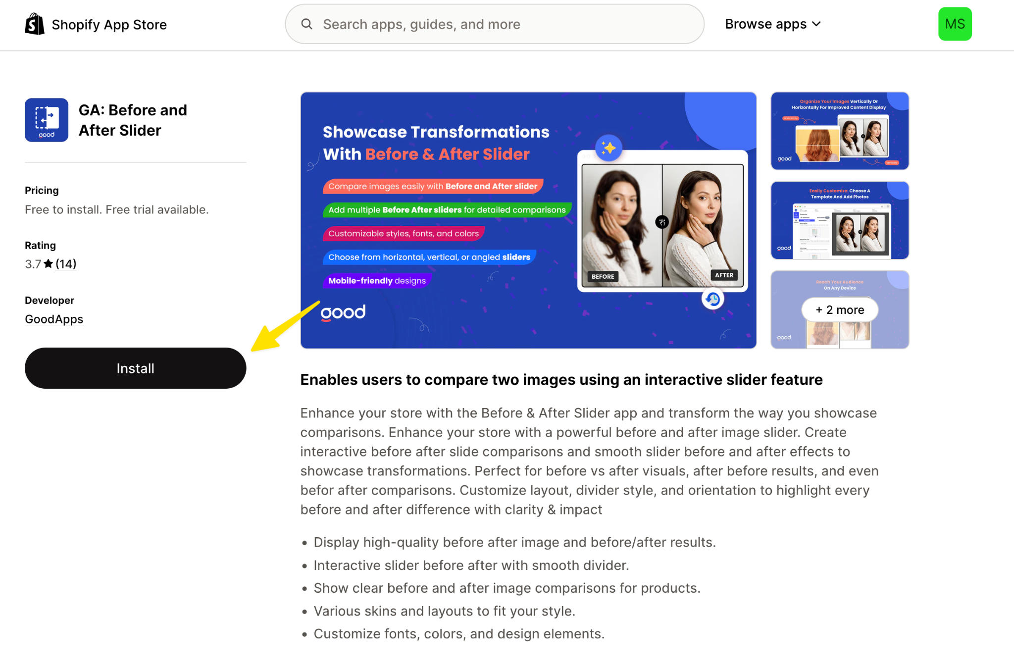 Shopify App Store "GA: Before And After Slider" App Listing