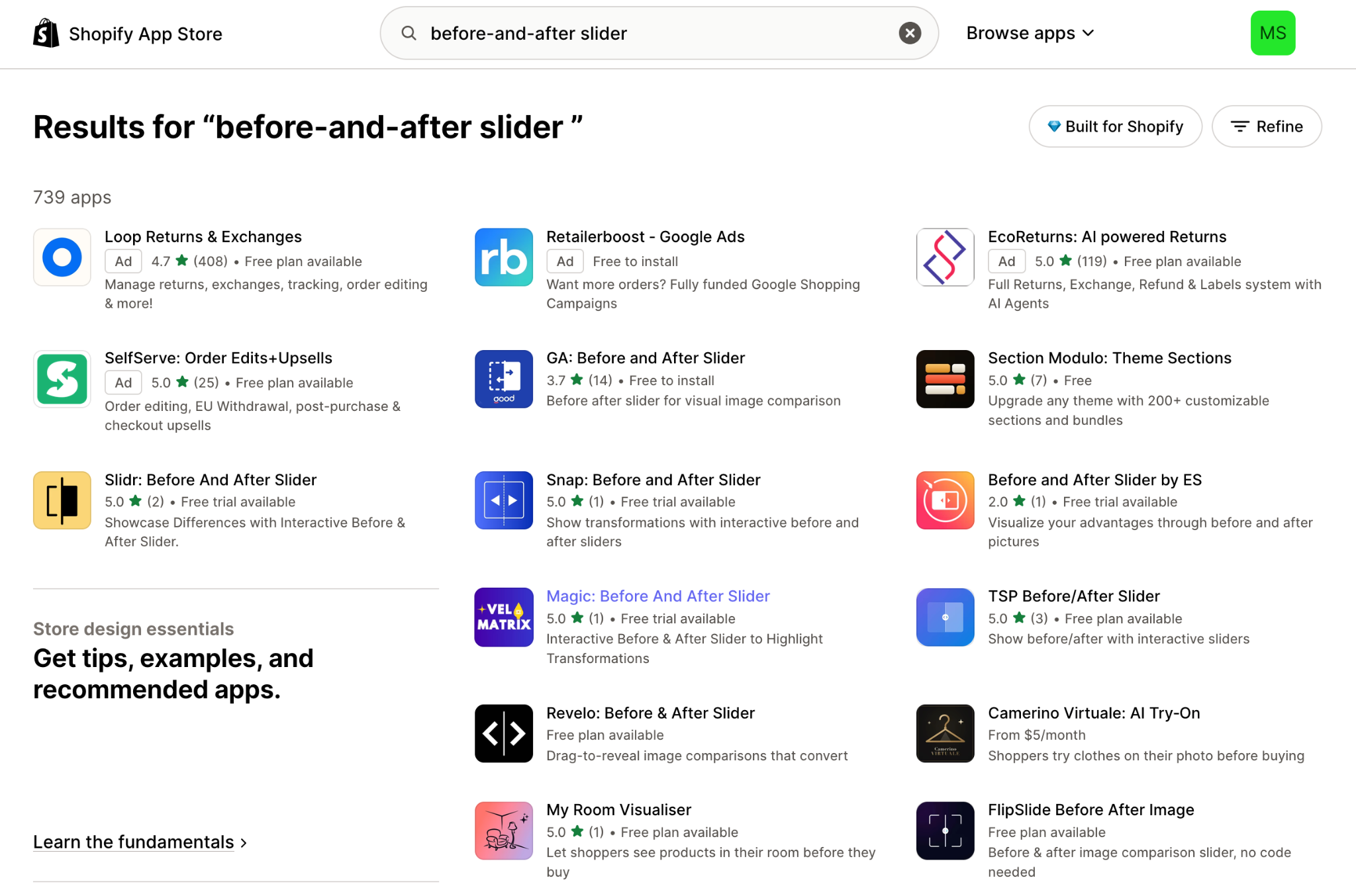 Shopify App Store "before-and-after slider" Search