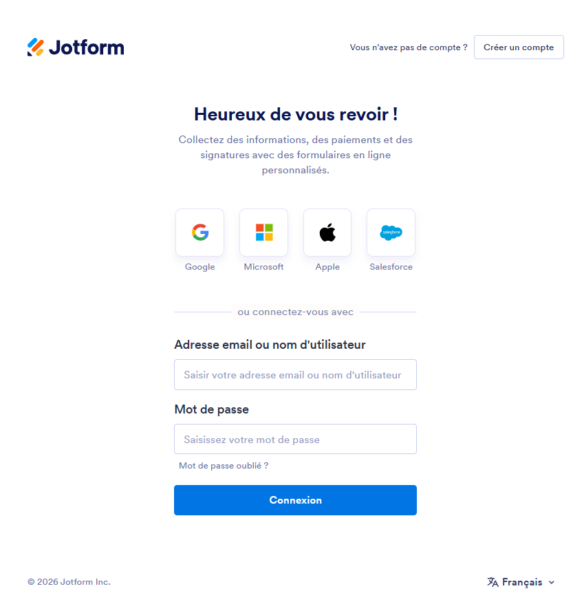 Capture d'écran de la fenêtre de connexion à Jotform