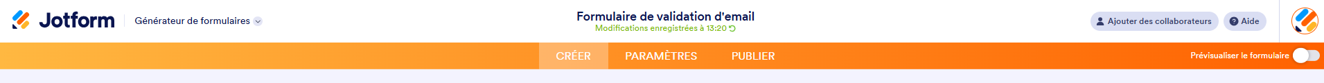 Capture d'écran de la barre de navigation du formulaire Jotform avec le bouton Ajouter des collaborateurs en haut à droite