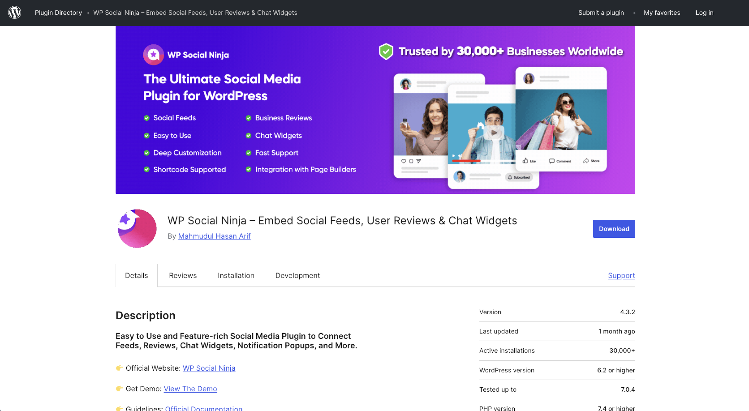 WP Social Ninja WordPress Plug-in Directory Page