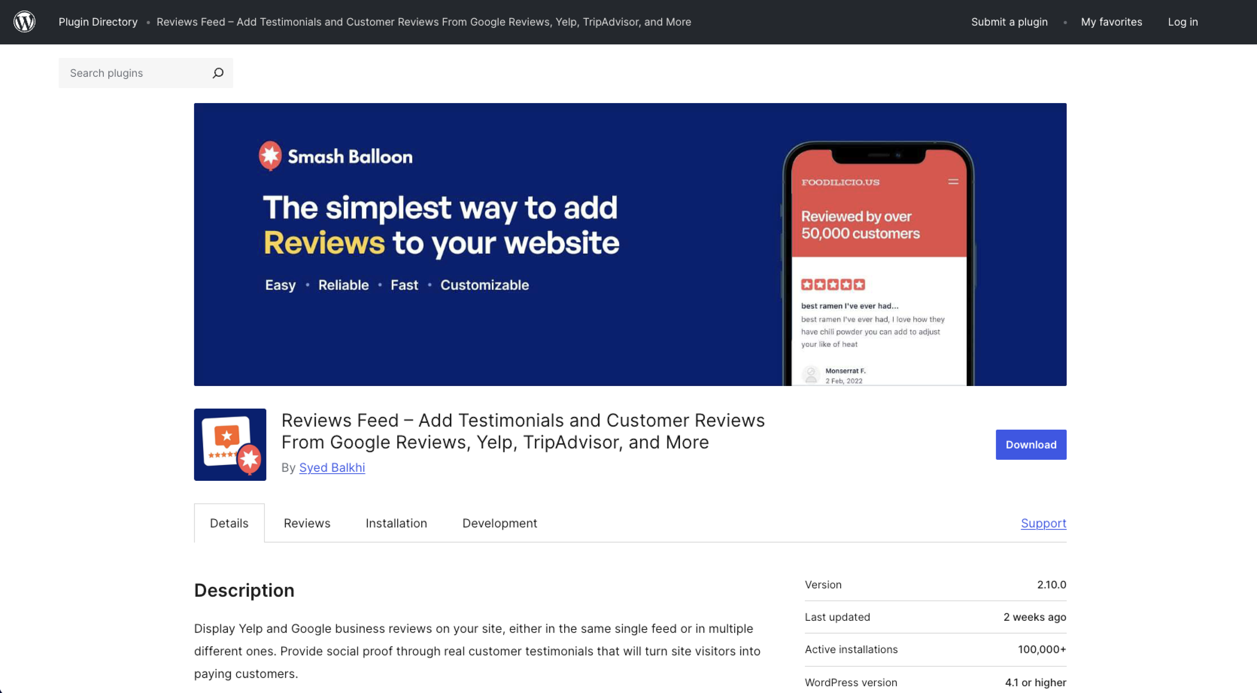 Smash Balloon Reviews Feed WordPress Plug-in Directory Page