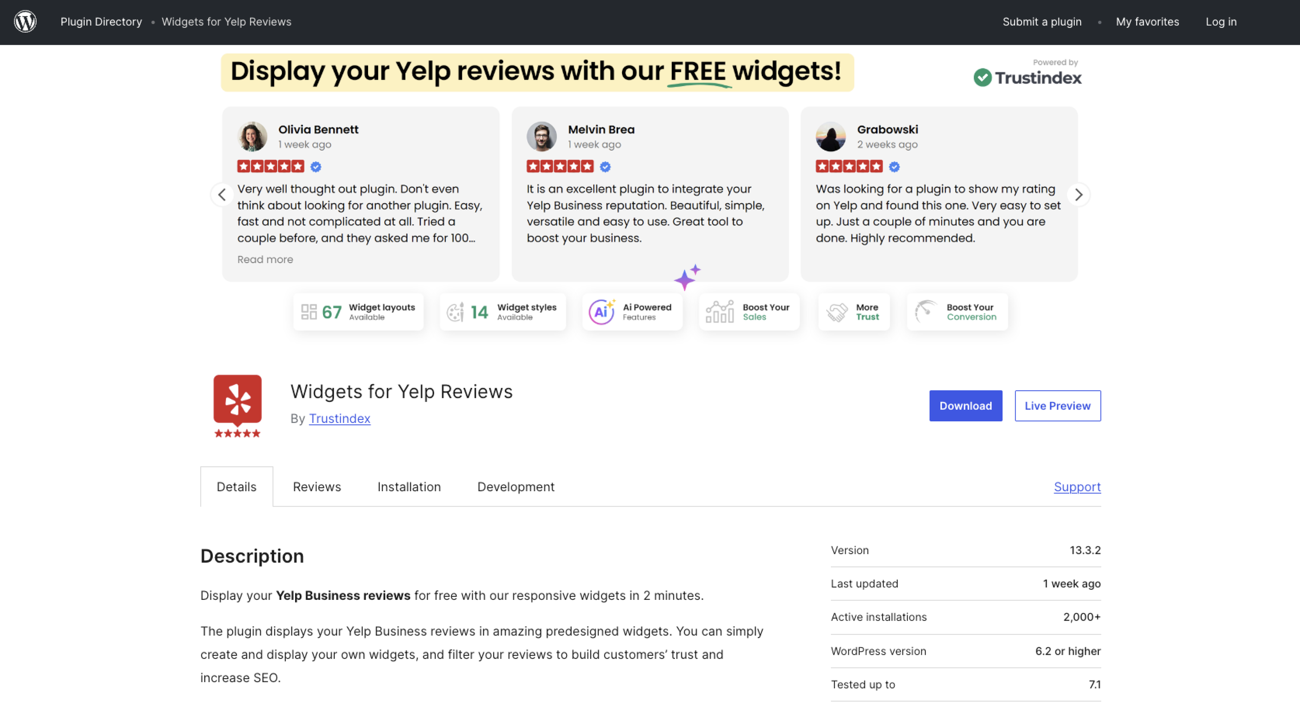 Trustindex Yelp Widget WordPress Plug-in Directory Page