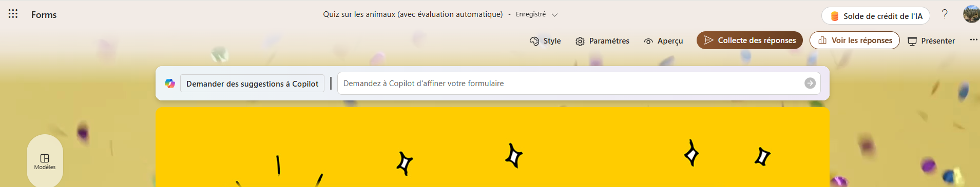 Capture d'écran des options en haut de la page du formulaire Microsoft Forms