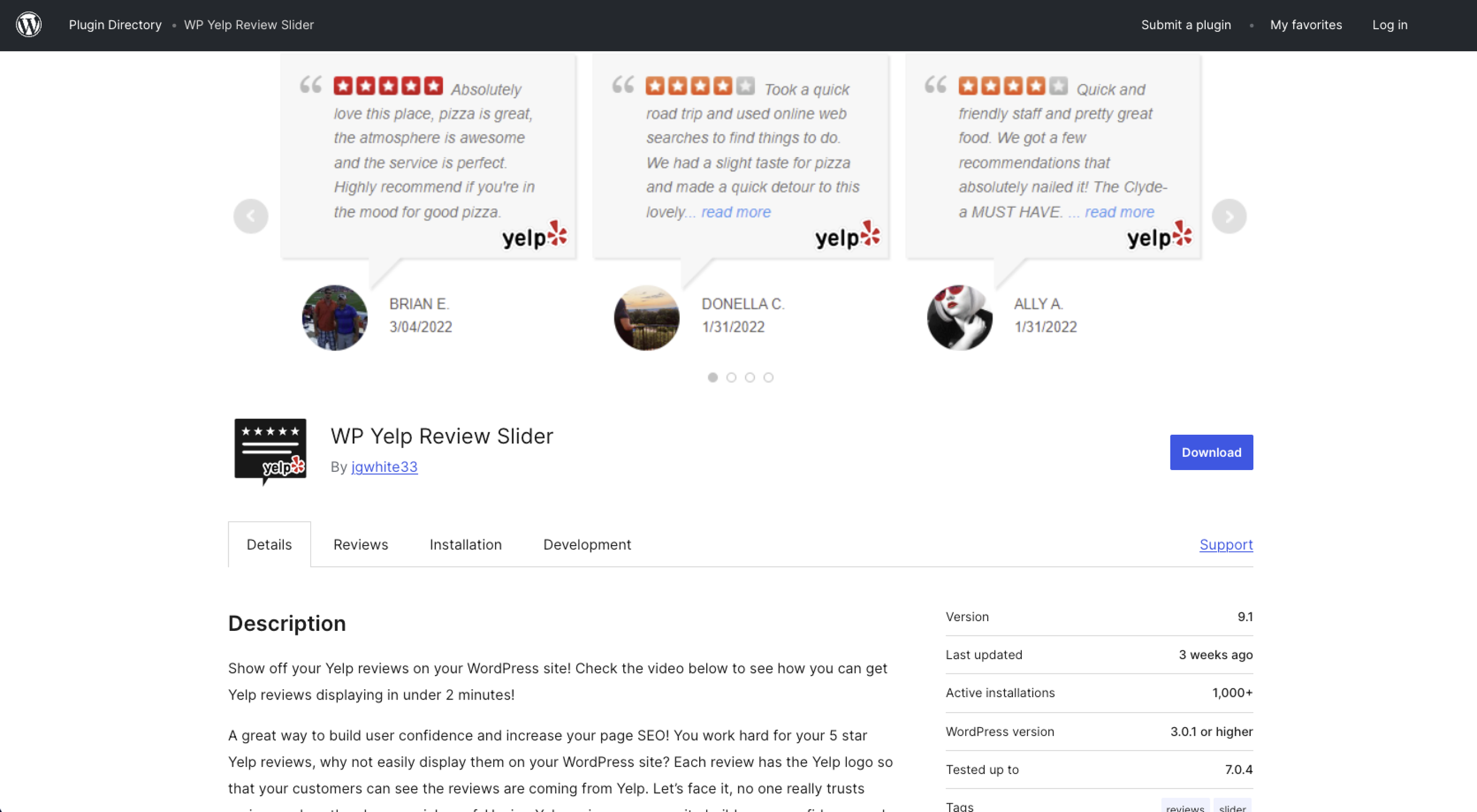 WP Yelp Review Slider WordPress Plug-in Directory Page
