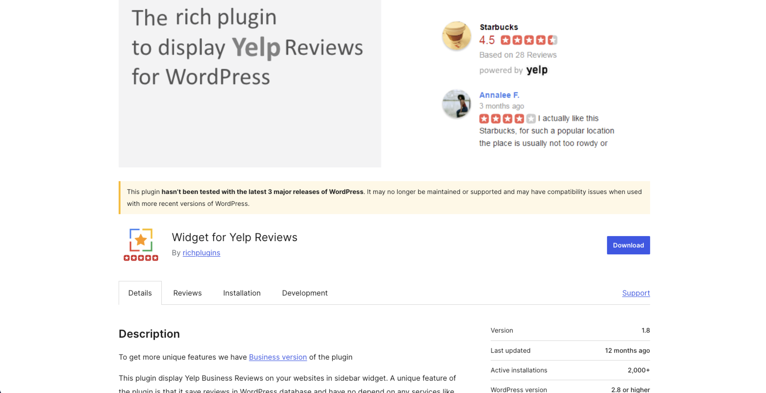 Widget for Yelp Reviews WordPress Plug-in Directory Page
