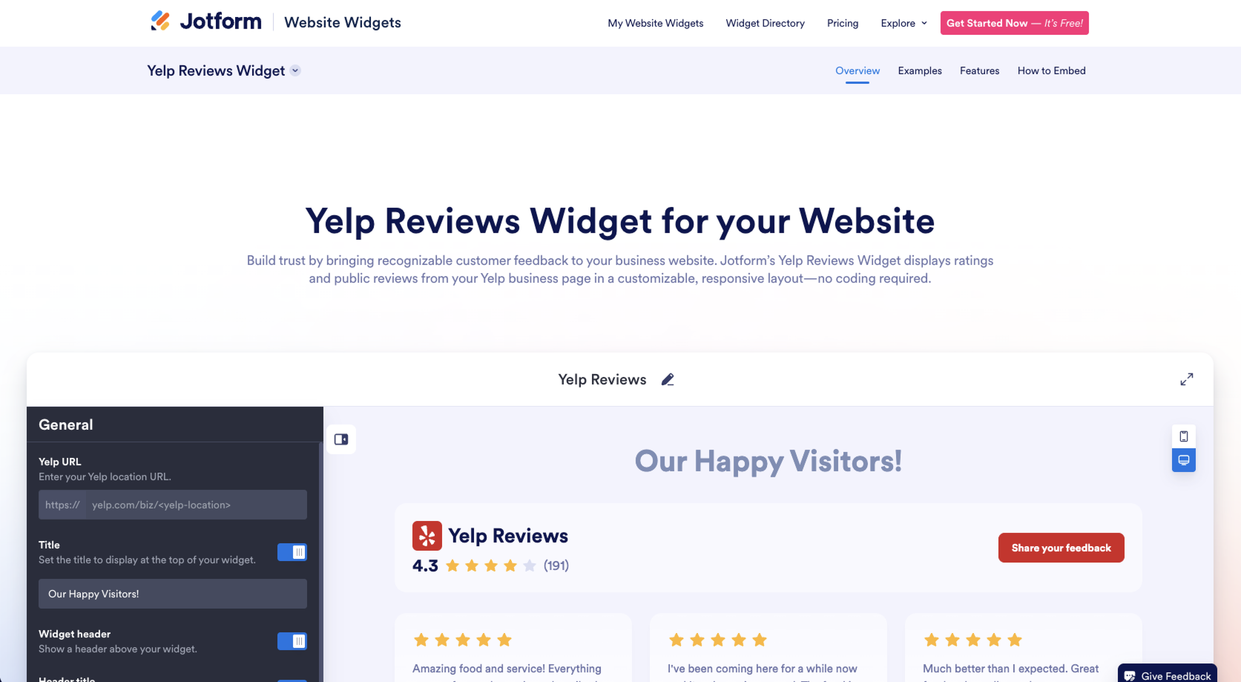 Jotform Yelp Reivews Widget Landing Page