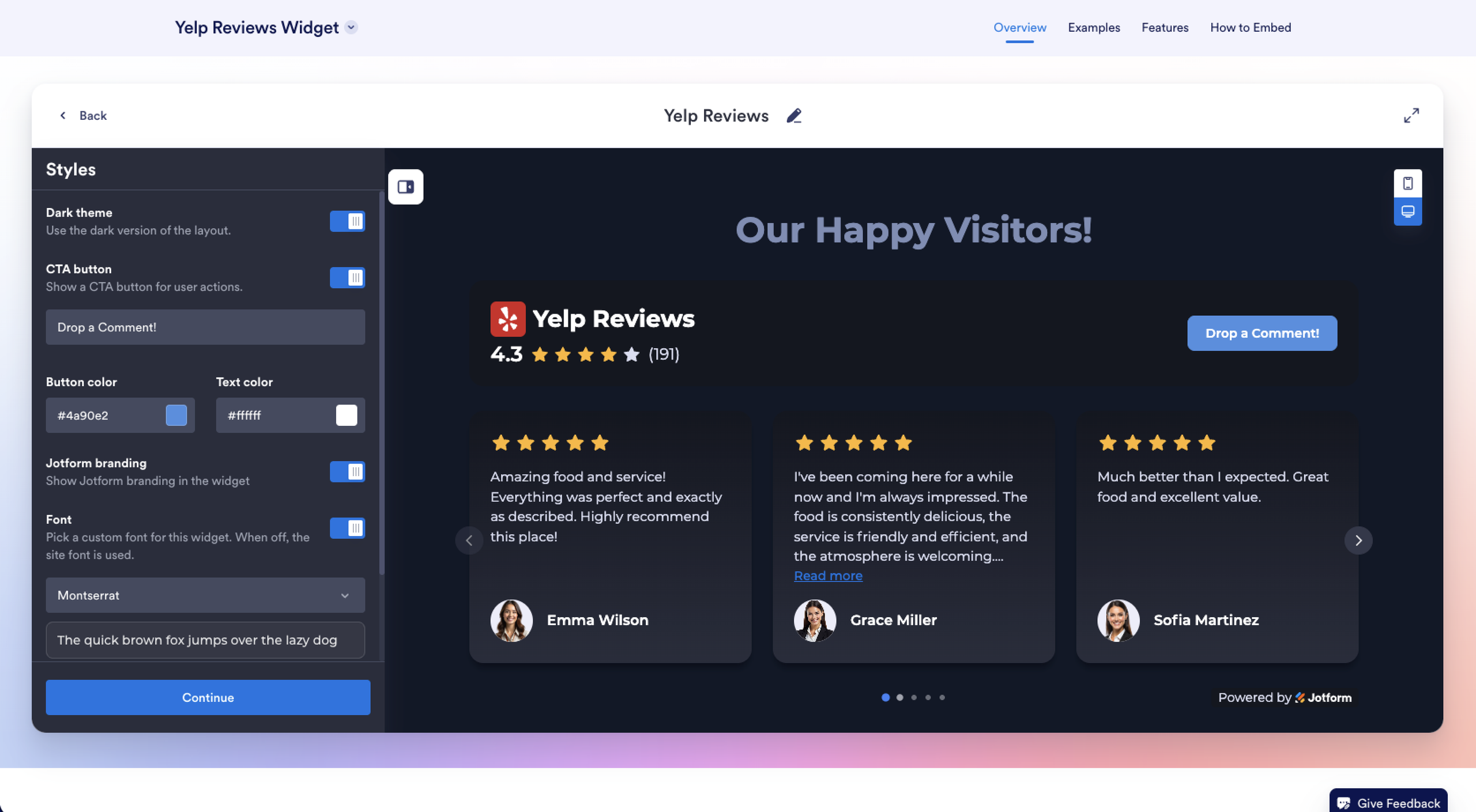 Jotform Yelp Reivews Widget Widget Builder Style Options Menu