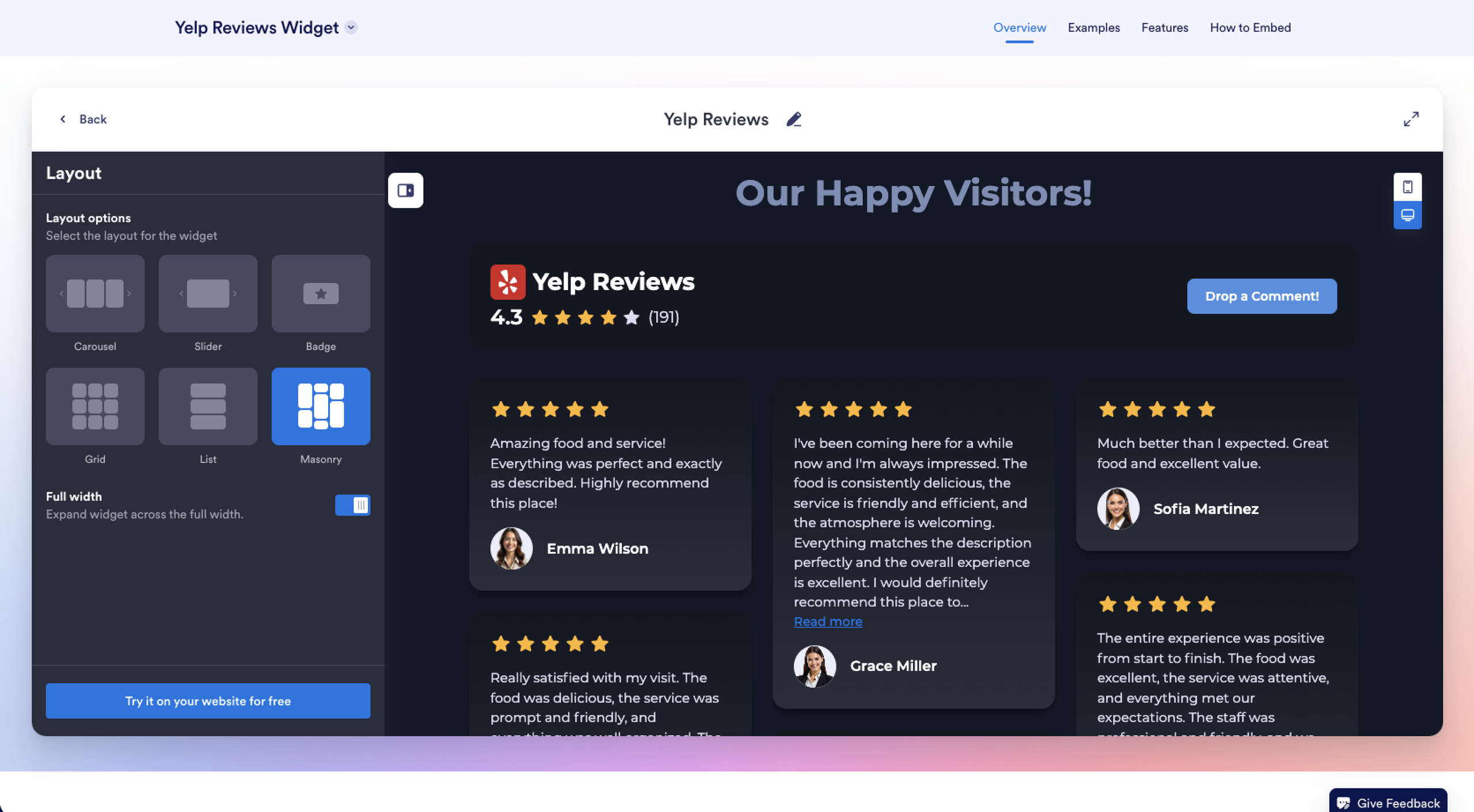 Jotform Yelp Reivews Widget Widget Builder Layout Options Menu