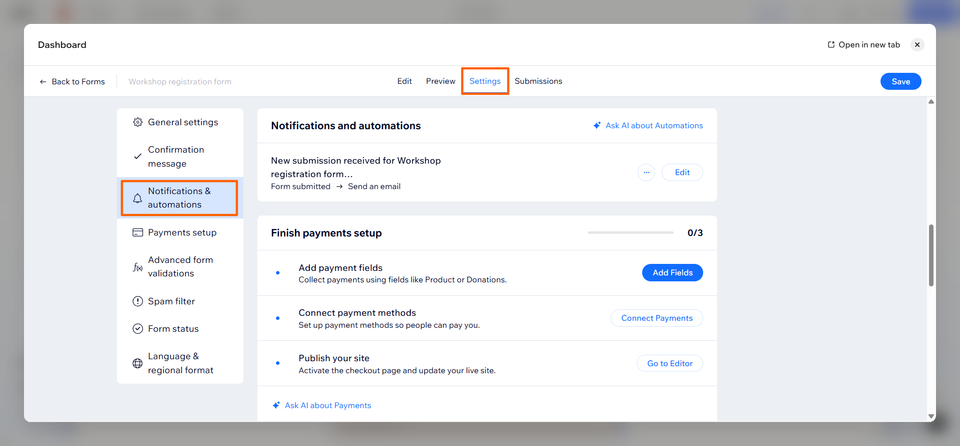 Wix interface showing the form dashboard popup, with the Settings tab and "Notifications & automations" option highlighted