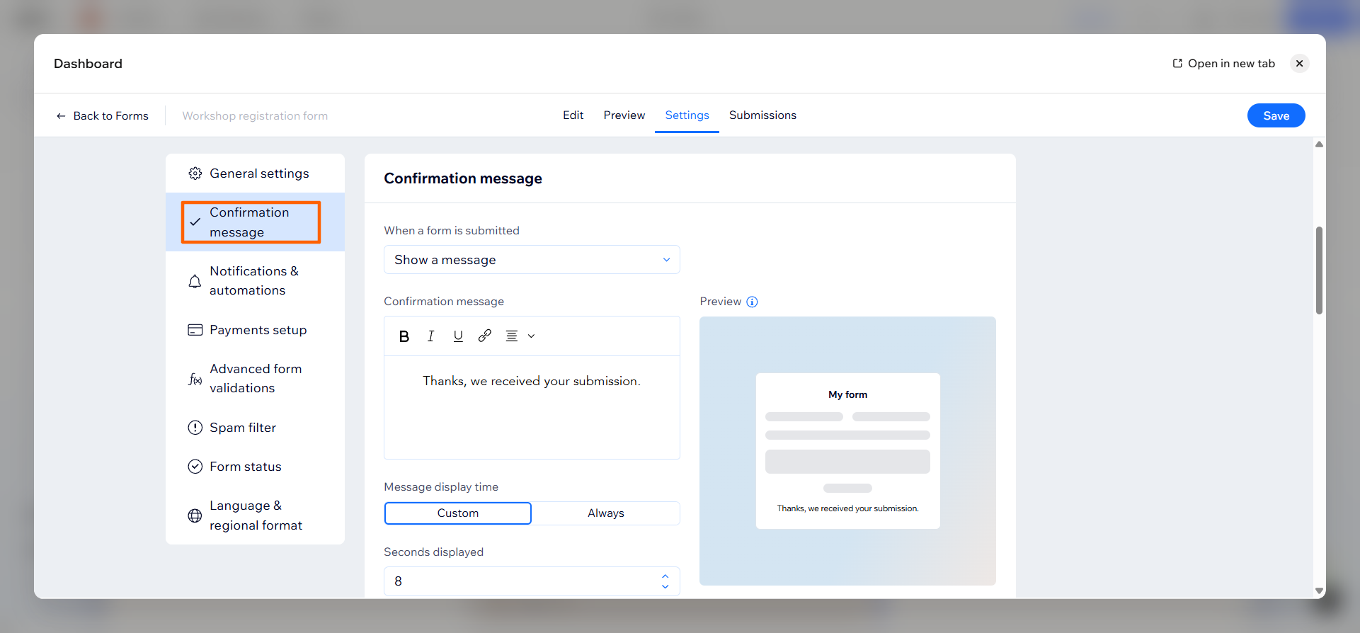 Wix interface showing the form dashboard popup, with the "Confirmation message" option highlighted under the Settings tab