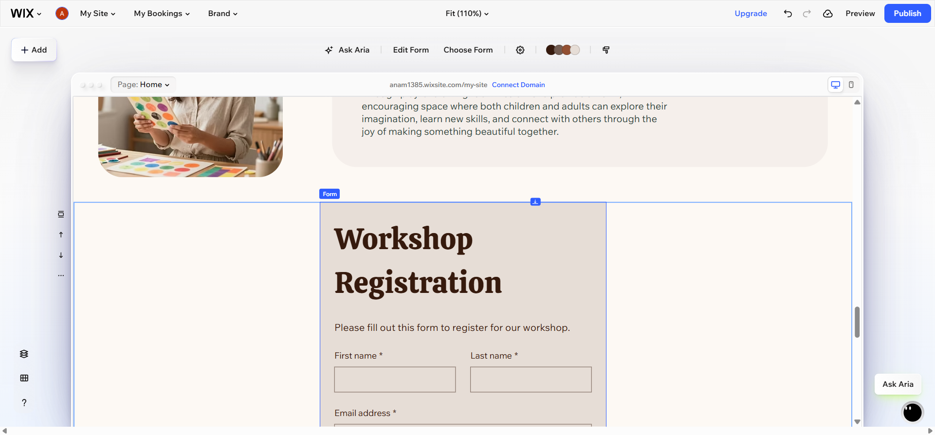 Wix interface showing the completed form on the web page