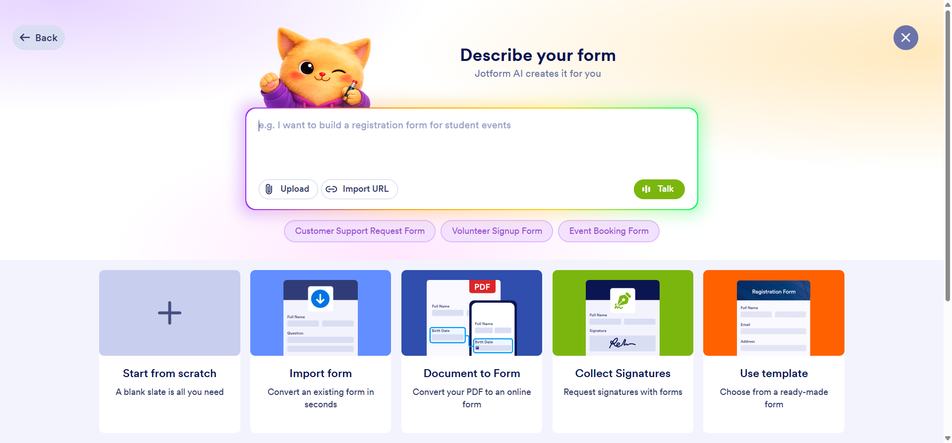 Jotform workspace interface showing the various ways to create a form: from scratch, by importing a form, by turning a document into a form, collecting signatures, using a template, or using Jotform AI