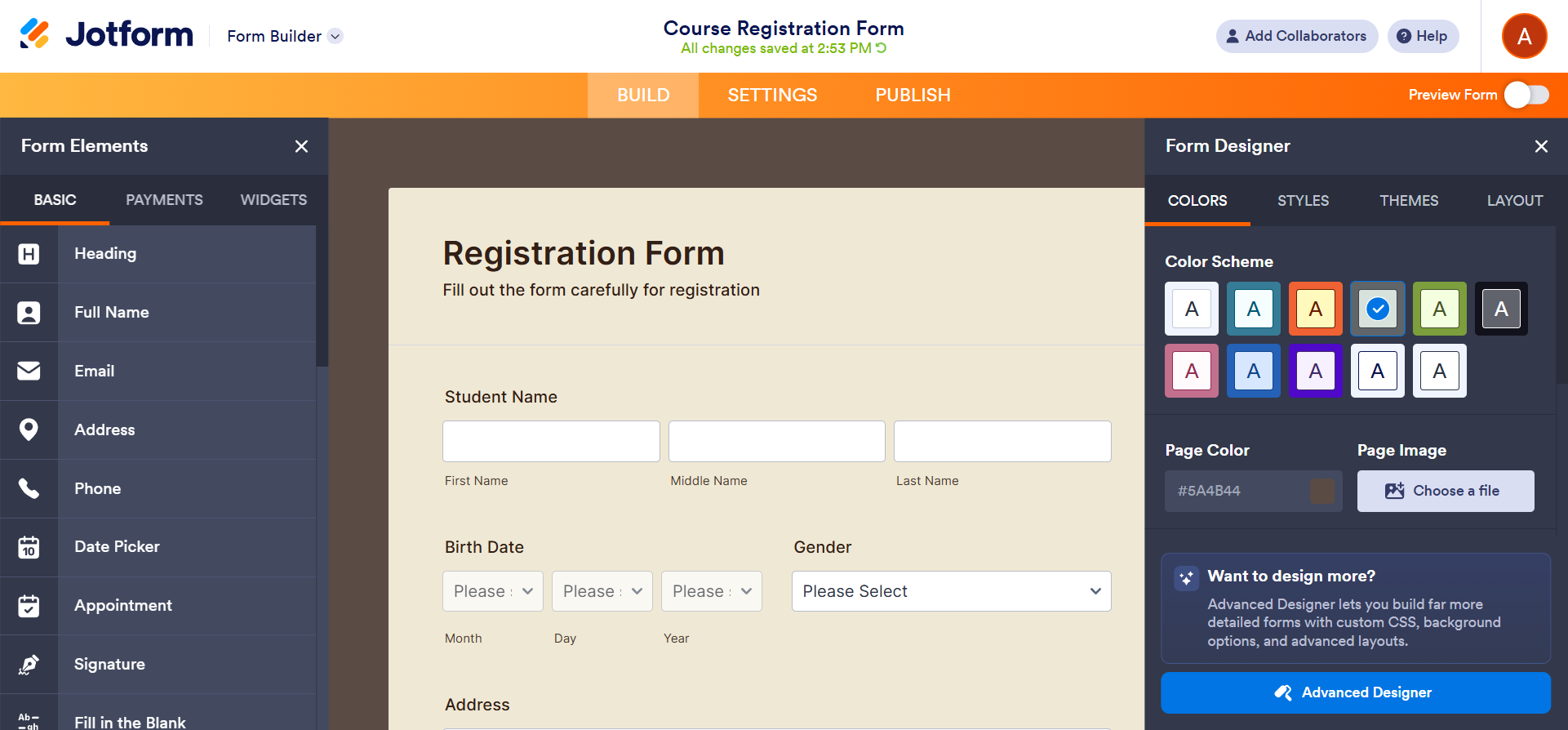 Jotform Form Builder interface showing an example course registration form, with Form Elements settings on the left and Form Designer settings on the right