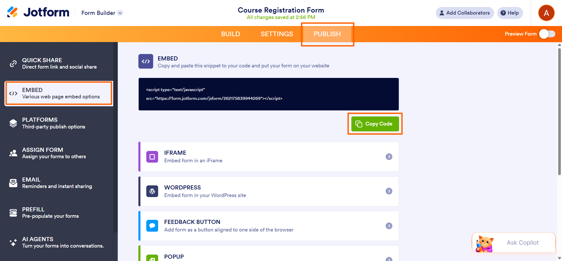 Jotform Form Builder interface with the Publish tab, Embed option, and Copy Code button highlighted