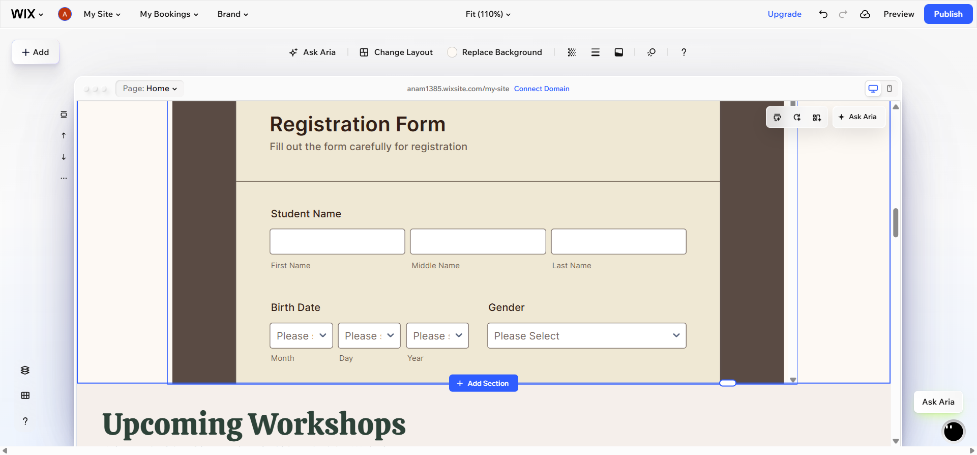 Wix Editor interface showing the embedded Jotform registration form