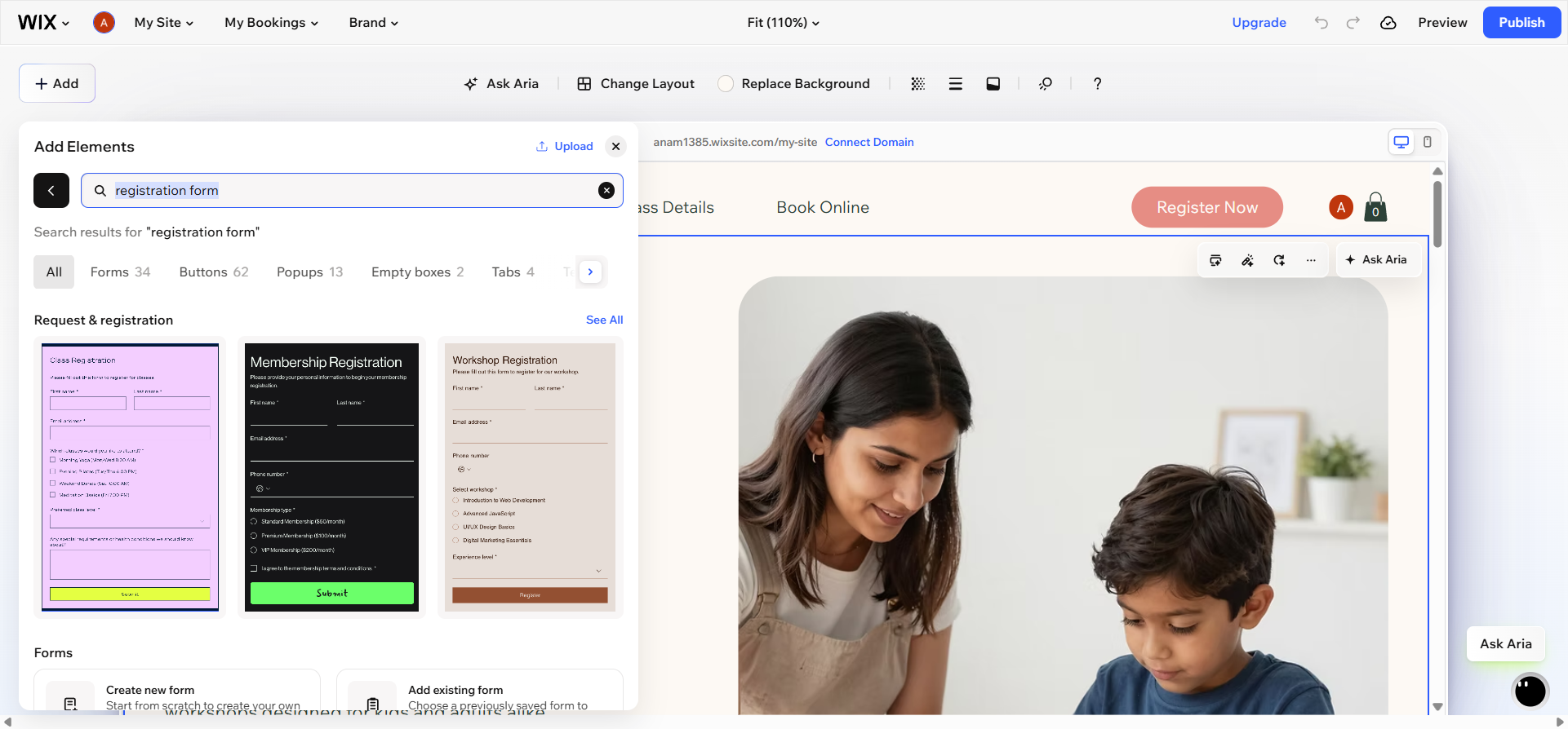 Wix interface showing the "Add Elements" popup, with the search results for "registration form"