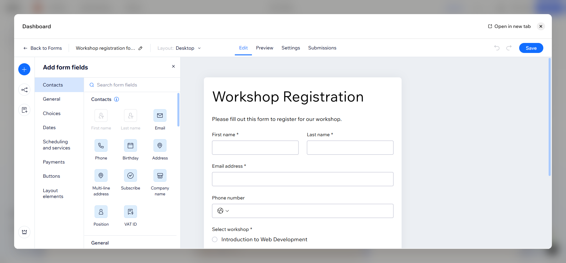 Wix interface showing the form dashboard popup and the various form fields you can add