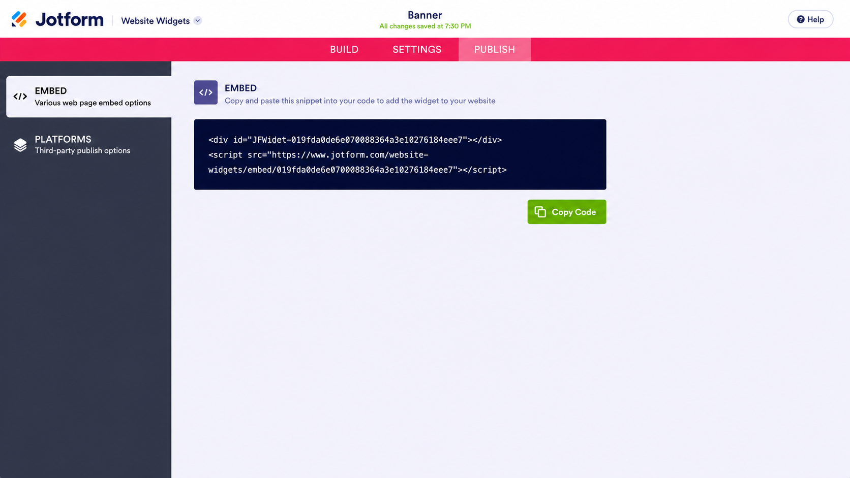 Jotform banner embed section with code ready to copy