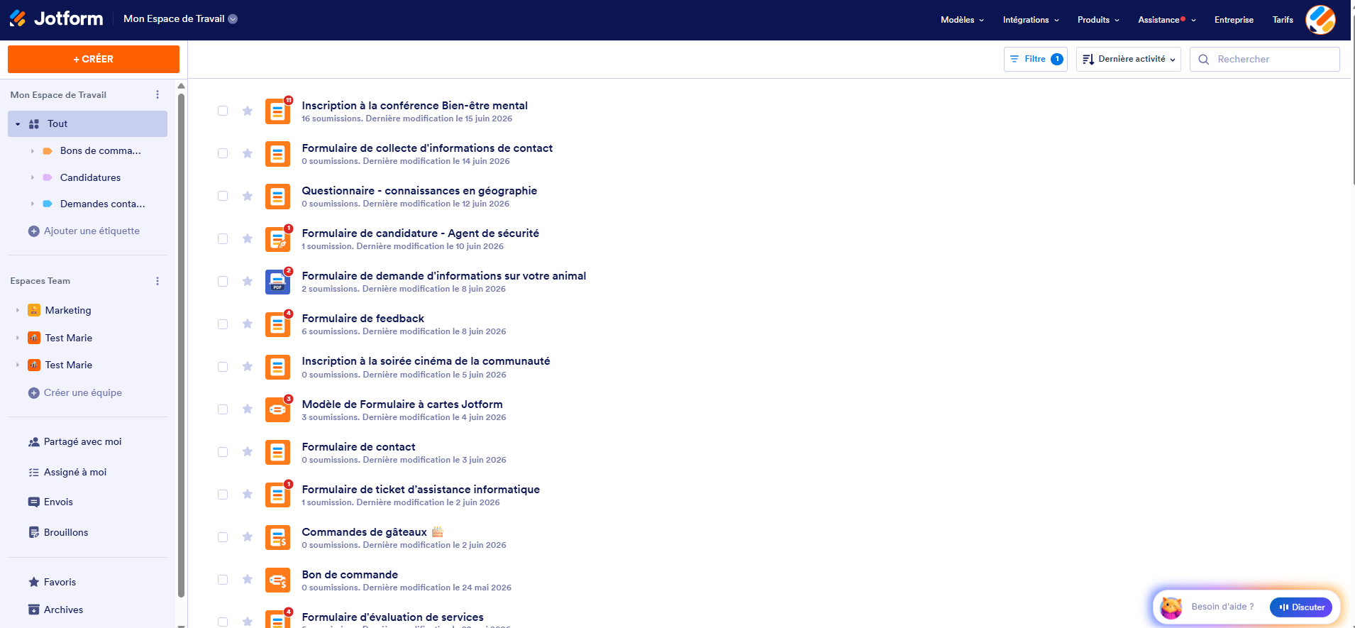 Capture d'écran de la page Mon Espace de Travail dans Jotform avec le bouton +Créer en haut à gauche