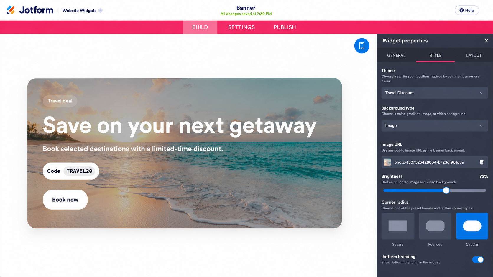 Style settings for customizing a travel promotion banner’s appearance