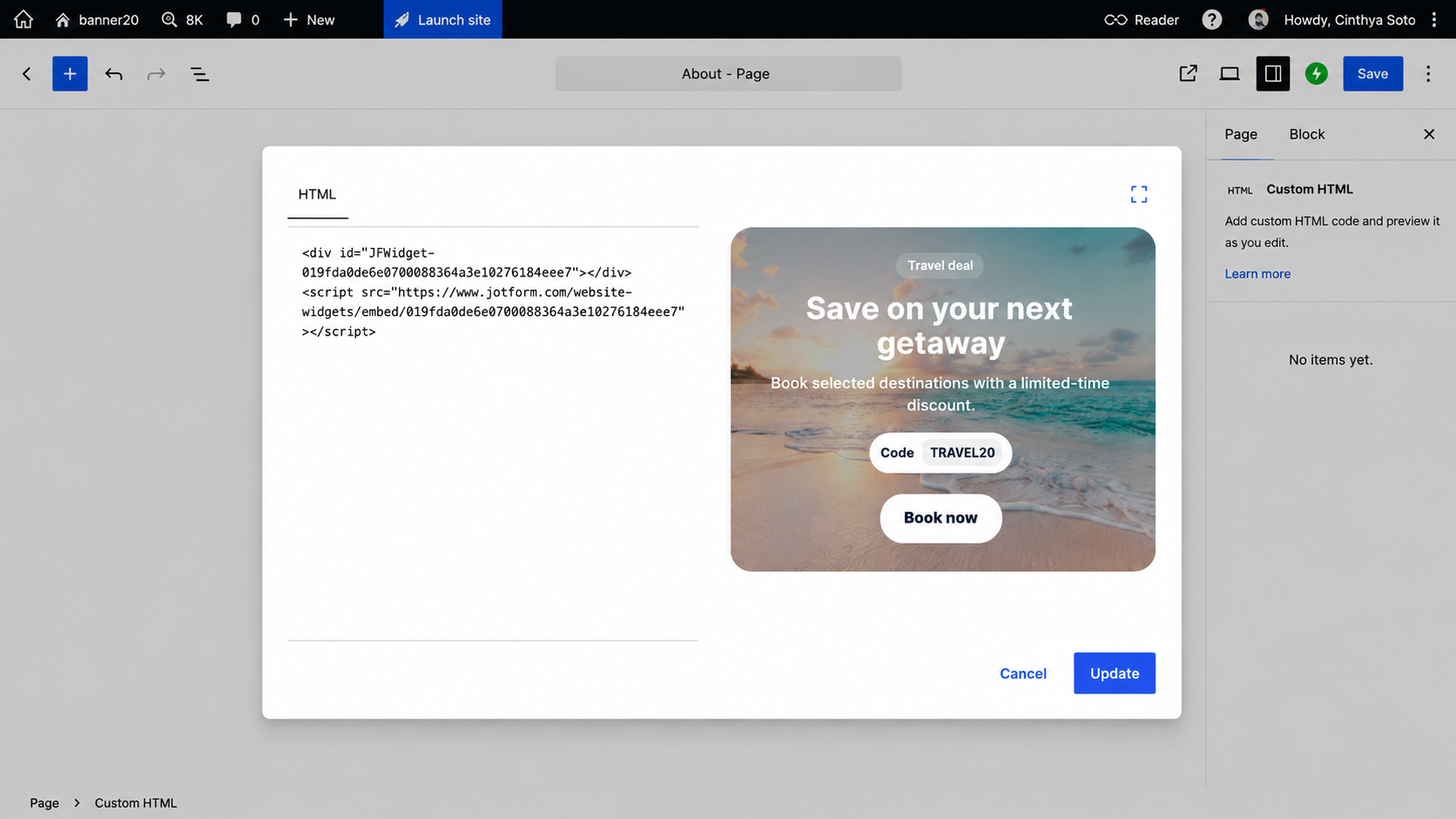 Custom HTML block displaying the embedded banner in WordPress Gutenberg editor