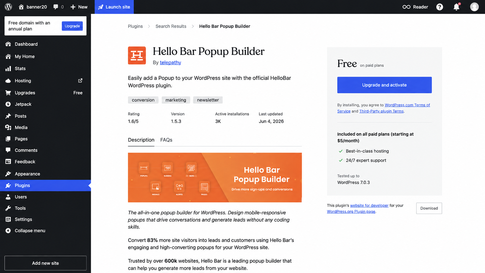 Screenshot of the Hello Bar Popup Builder plug-in page