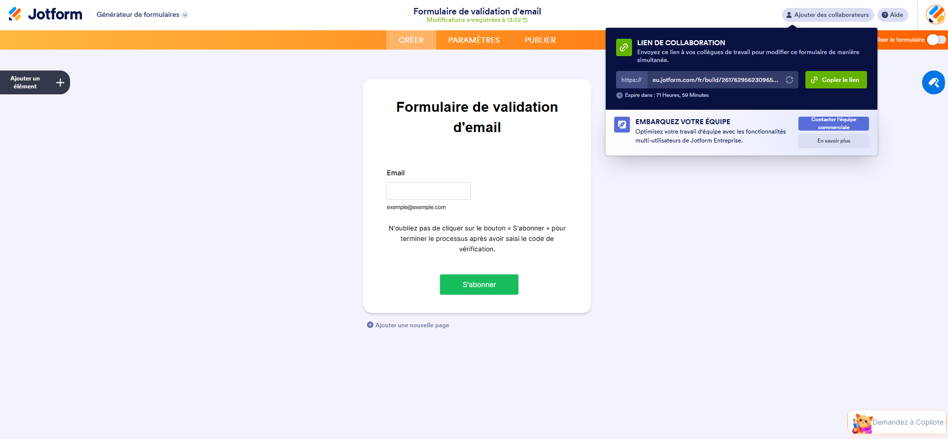 Capture d'écran du menu Lien de collaboration dans Jotform montrant le lien généré et le bouton Copier le lien