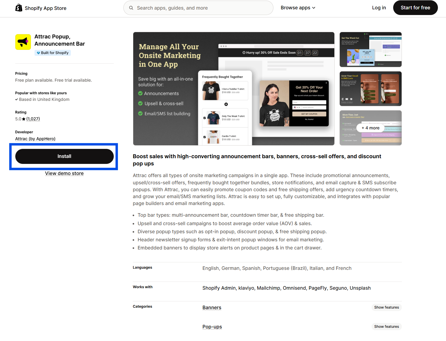 Shopify App Store interface showing an announcement bar app description with the Install button highlighted