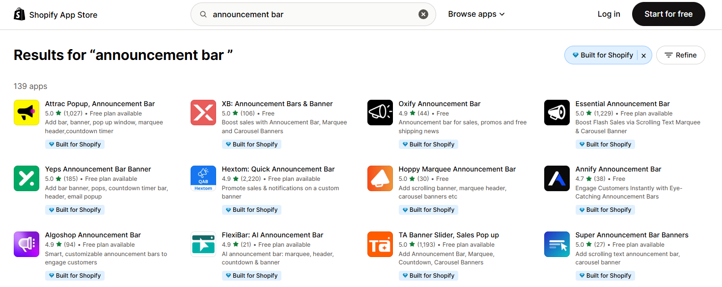 Screenshot shows step one of how to add an announcement bar to Shopify using the dedicated Shopify banner app: the search results for "announcement bar" in the Shopify App Store