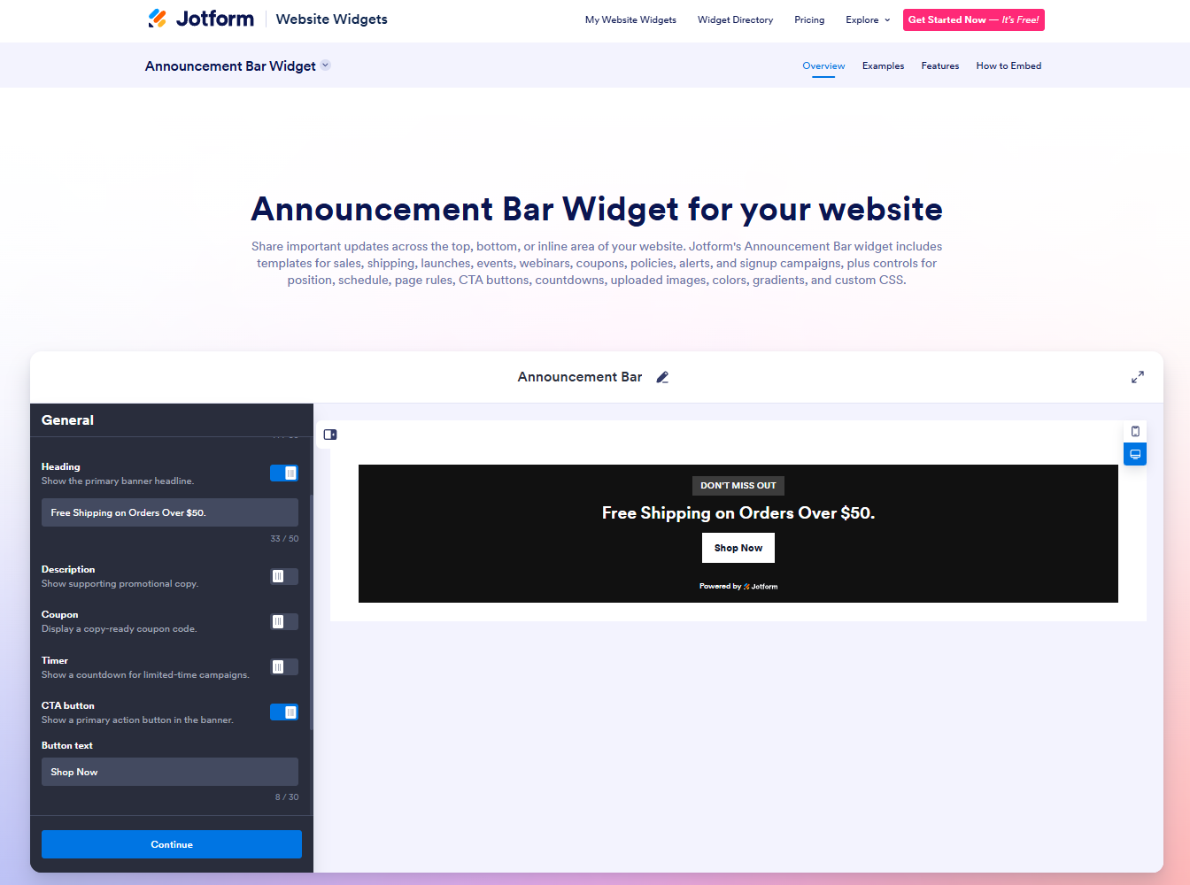 Screenshot shows step one of how to add an announcement bar to Shopify using the free, customizable announcement bar widget: building a banner using Jotform's Announcement Bar Widget