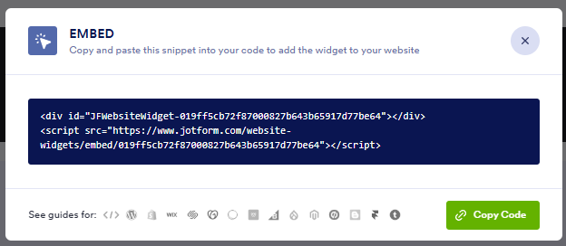 Jotform Announcement Bar Widget interface showing the Embed popup and the Copy Code button