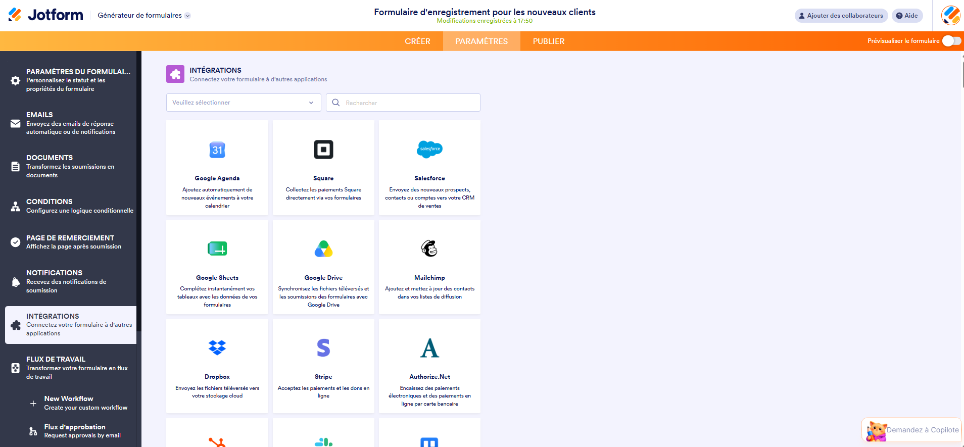 Capture d'écran de la page Intégrations dans le Générateur de formulaires Jotform
