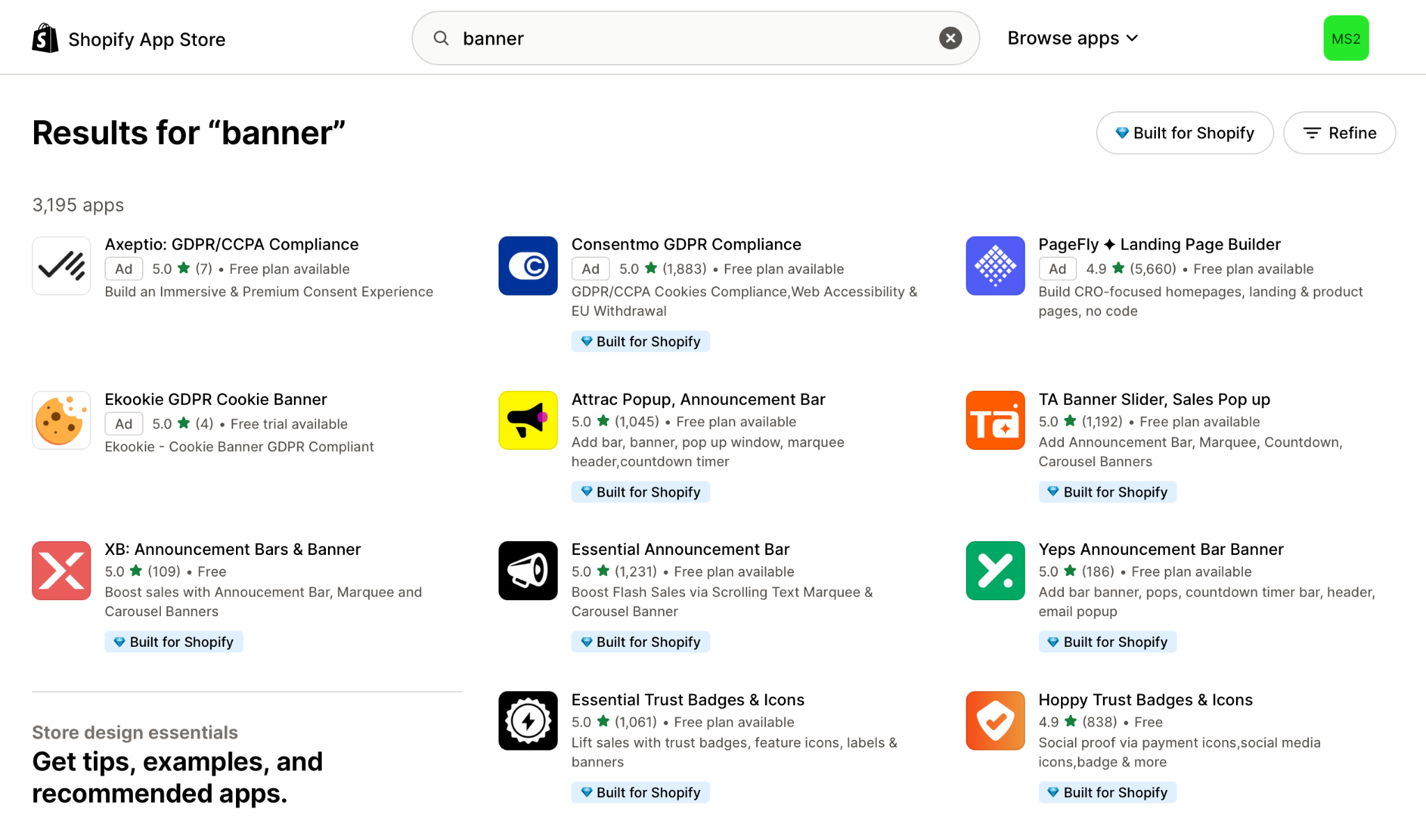 Shopify App Store "banner" search