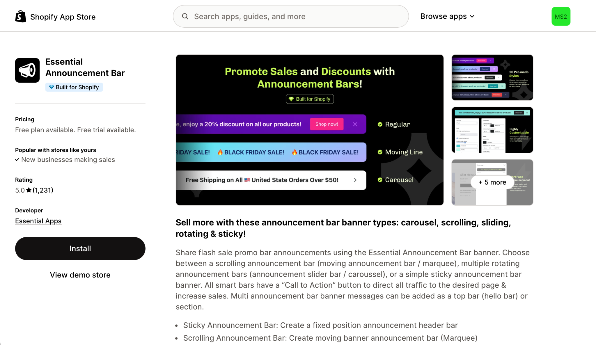 Shopify App Store Essential Announcement Bar Listing