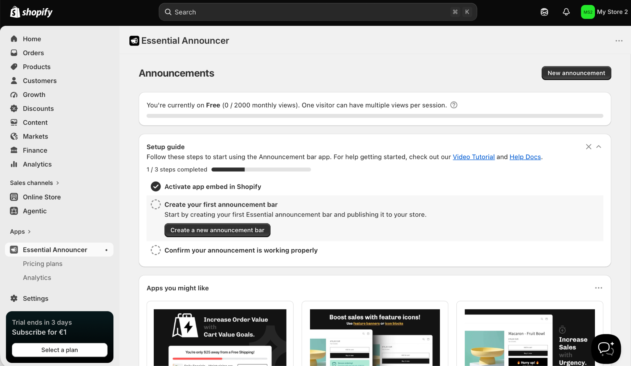 Shopify App Store Essential Announcer App Menu Options