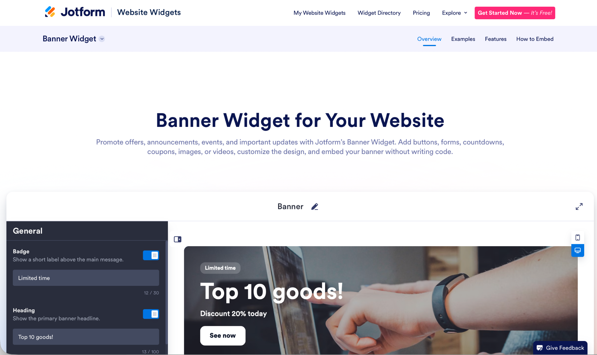 Jotform Website Widgets Banner Widget Landing Page