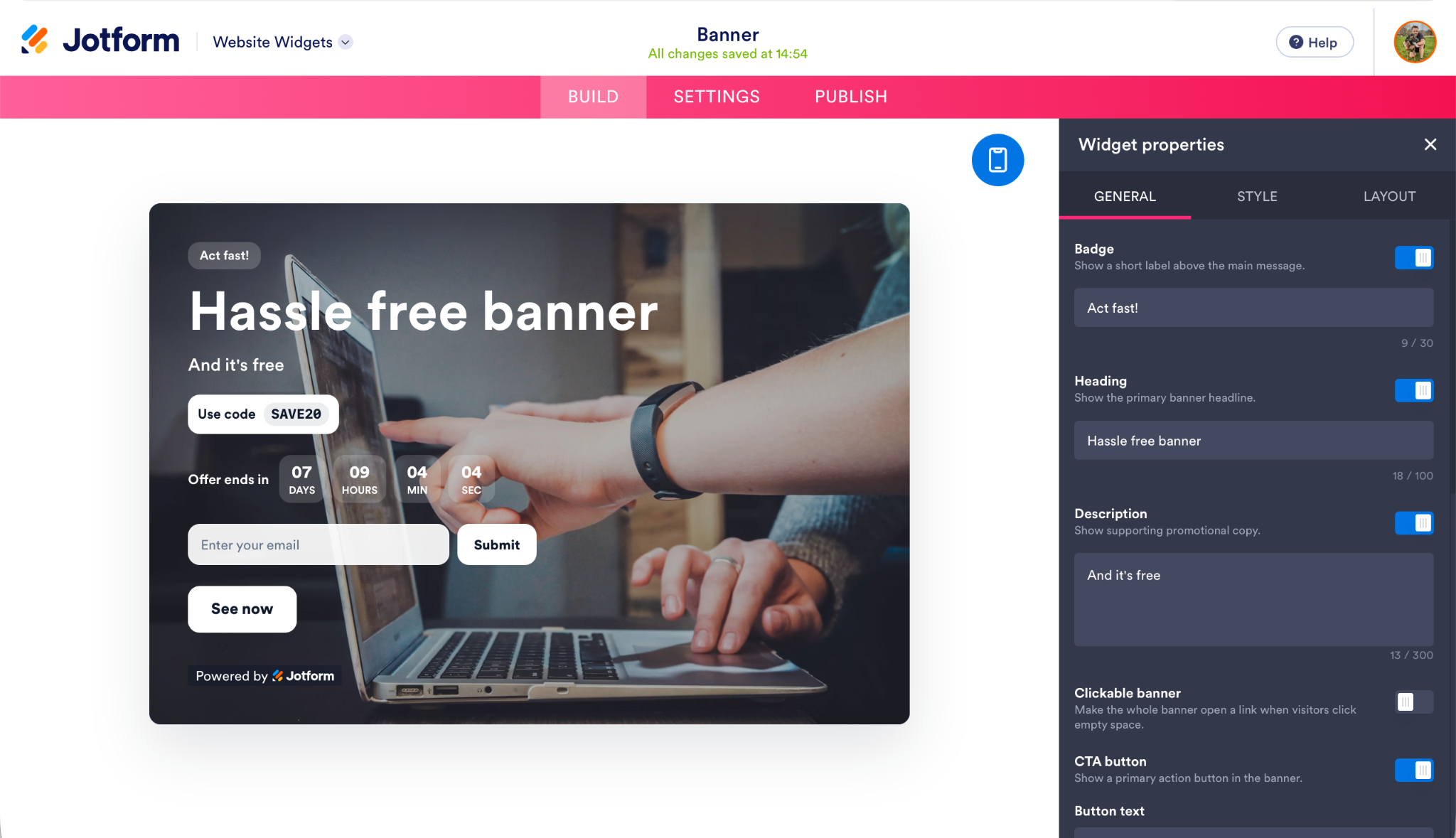 Jotform Website Widget Builder Banner Widget