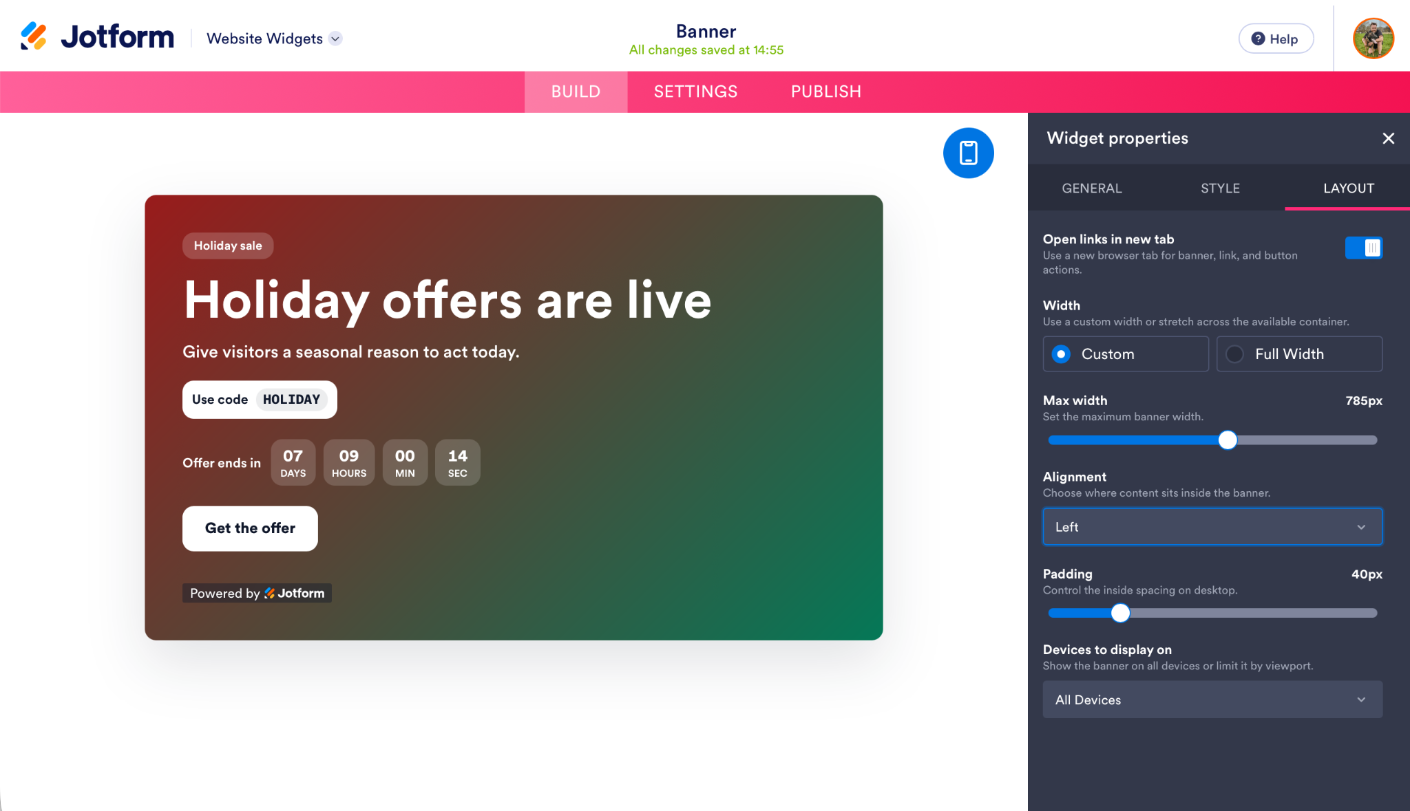 Jotform Website Widget Builder Banner Widget Customization Style Tab