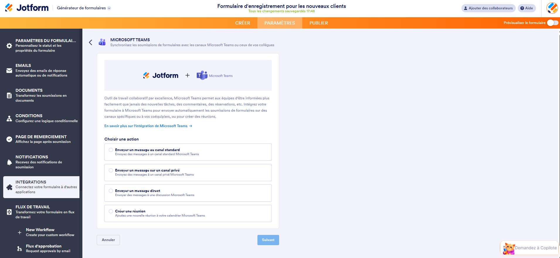 Capture d'écran de la page de l'intégration Jotform + Microsoft Teams dans le Générateur de formulaires Jotform avec les options d'actions