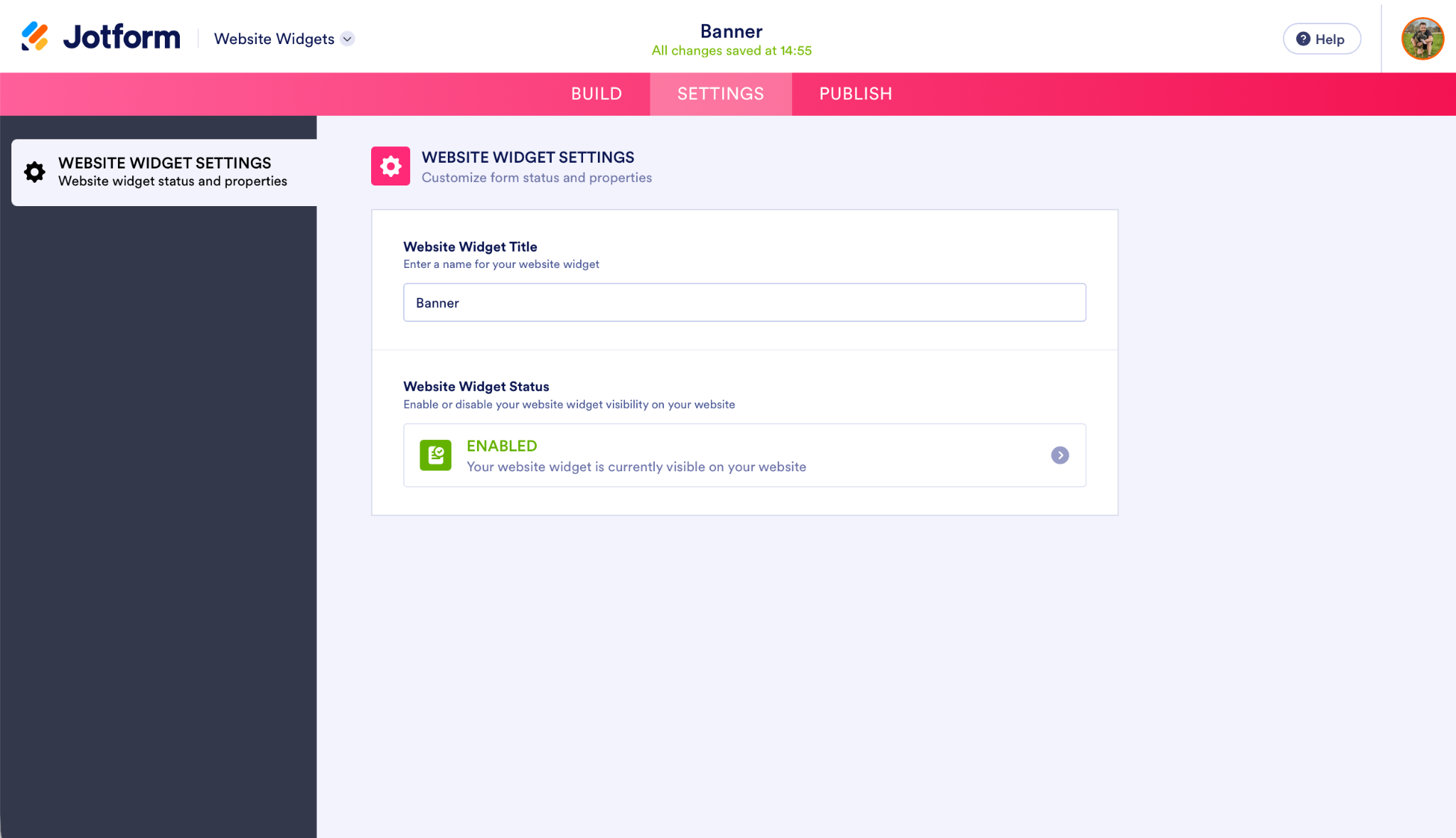 Jotform Website Widget Builder Settings Tab