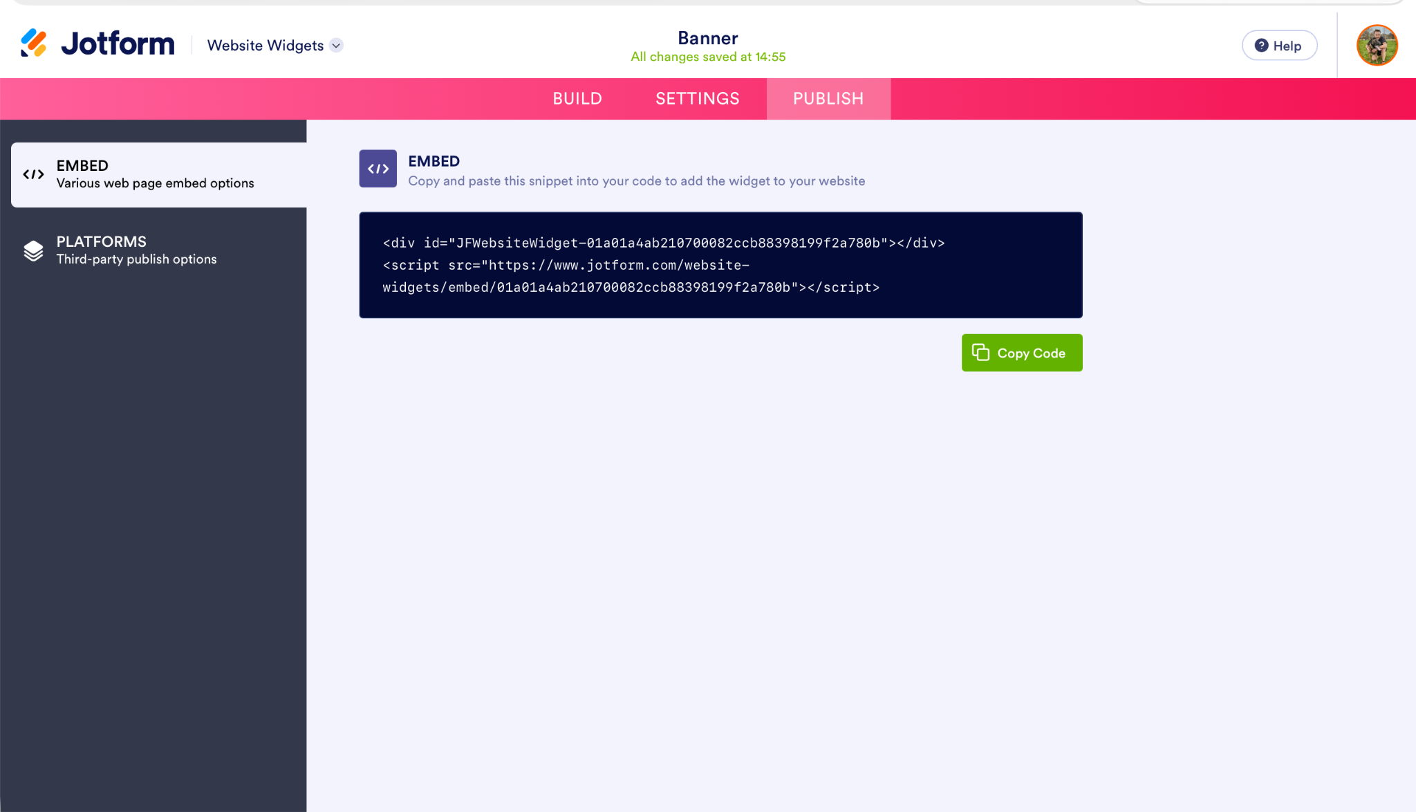 Jotform Website Widget Builder Publish Tab