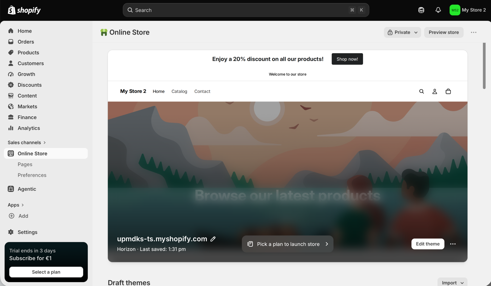 Shopify Store Builder "Edit theme" button