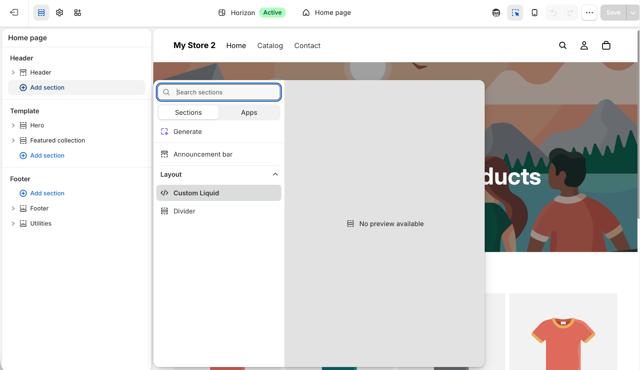 Shopify Store Builder Theme Editor "Add section" menu "Custom Liquid" block