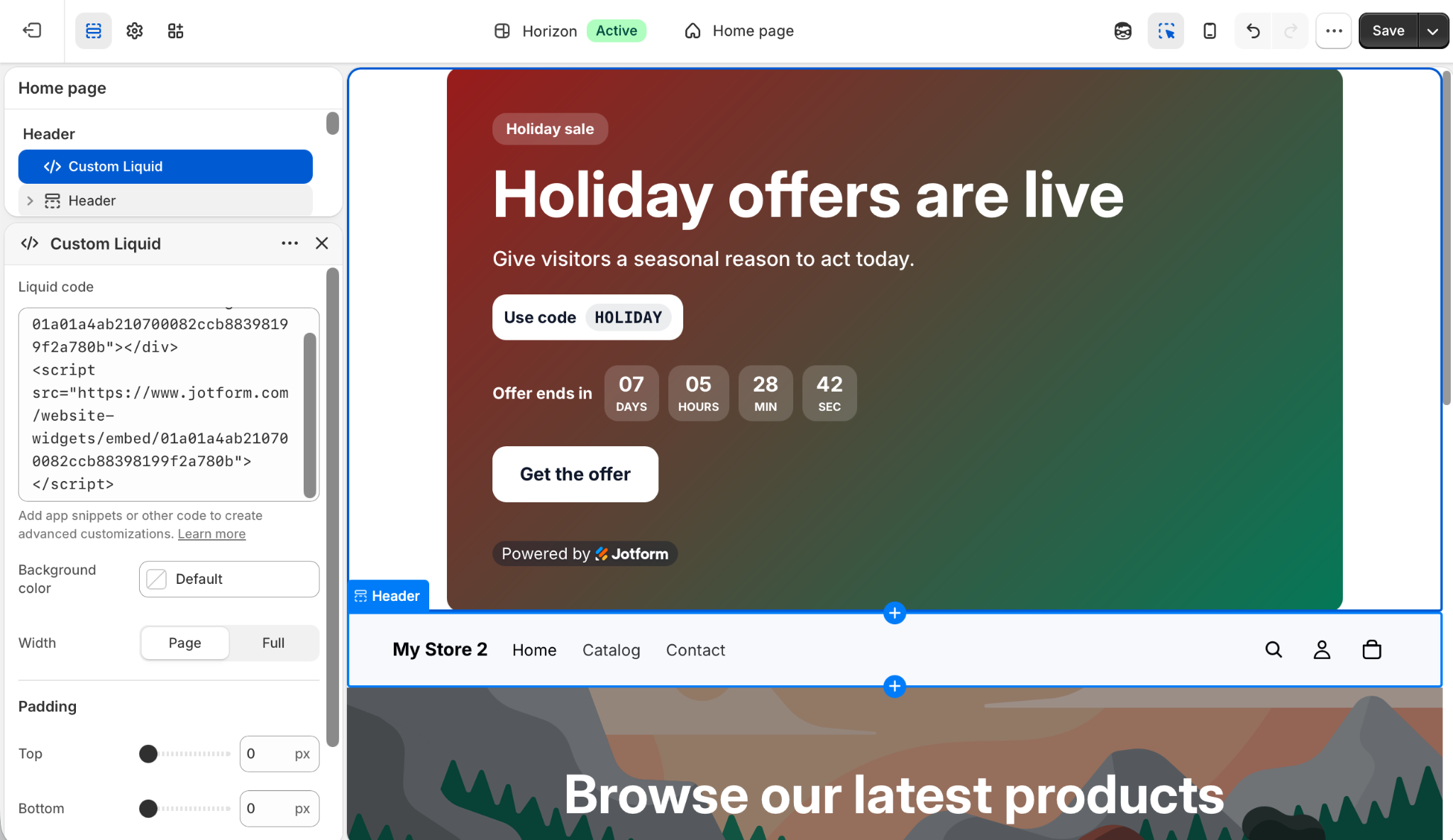 Shopify Store Builder Theme Editor "Add section" menu "Custom Liquid" block Embed Code Box