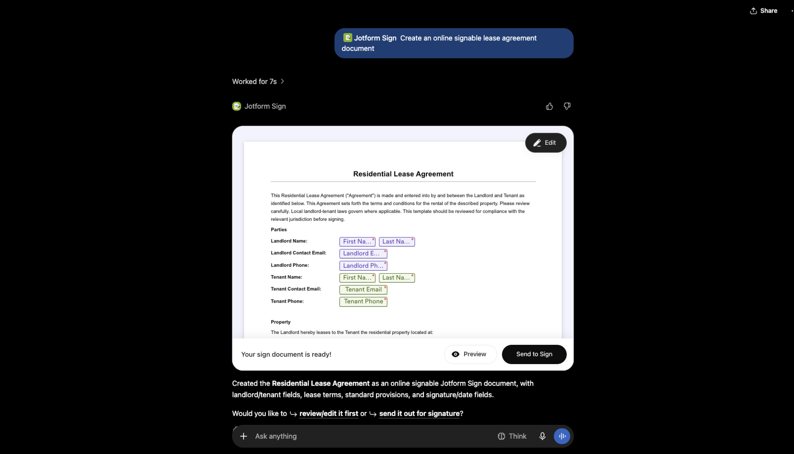 ChatGPT Jotform Sign App Creating an online signable lease agreement document