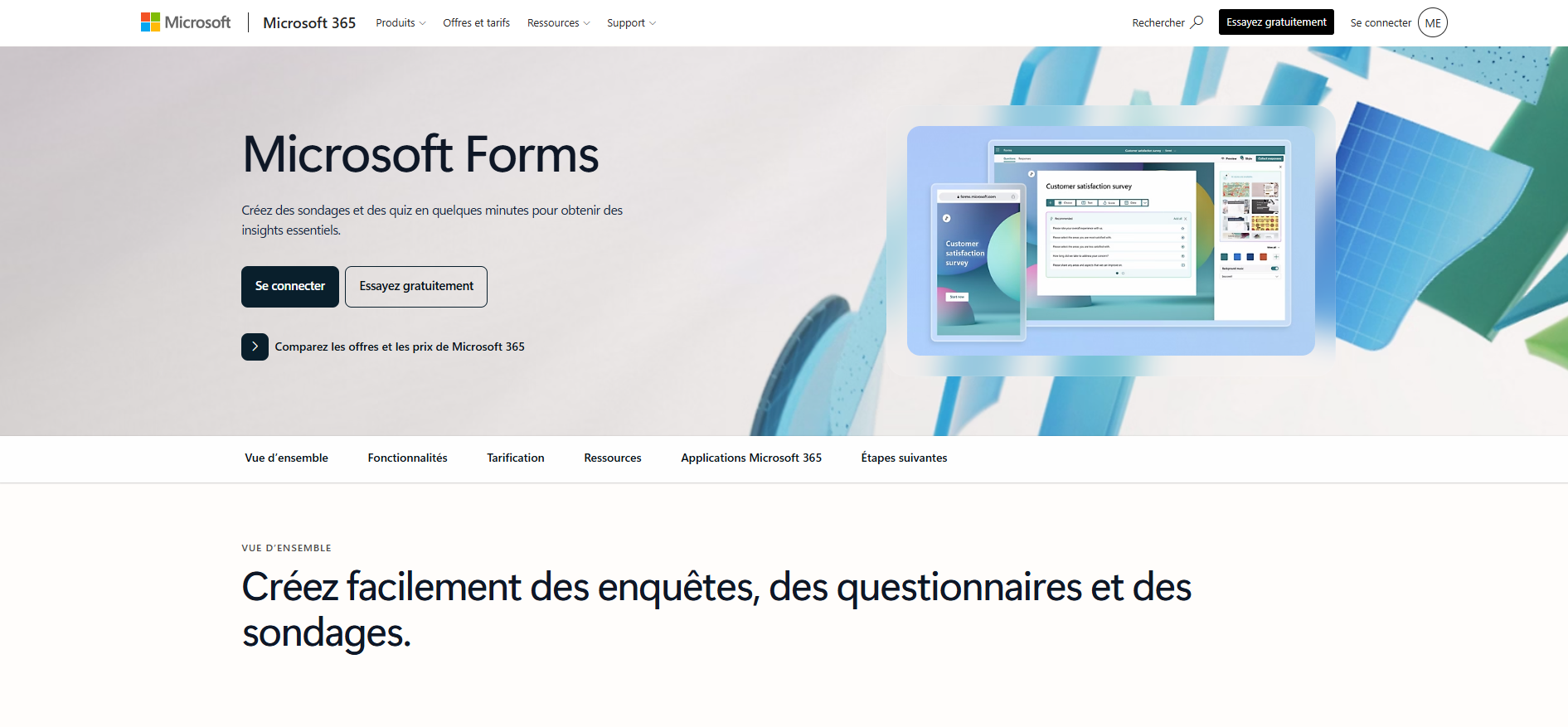 Capture d'écran de la page d'accueil du site Microsoft Forms
